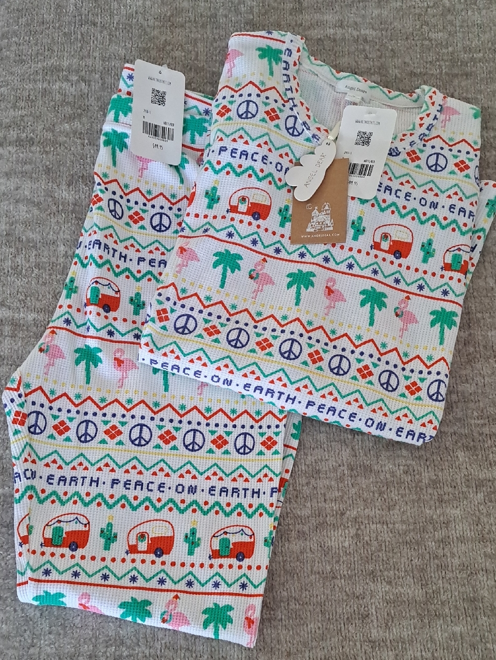 Angel Dear Womens "Peace On Earth" Waffle Pajama Set - White with Multi-Color.